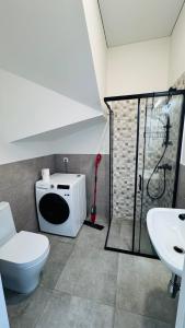 a bathroom with a toilet and a shower and a sink at Ungura Nord in Mozūriškiai