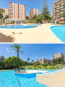 two pictures of a swimming pool in a city at Hercules in Arroyo de la Miel