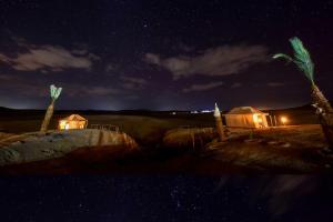 a night view of a desert with two palm trees at Agafay Camping in Aït Daoud