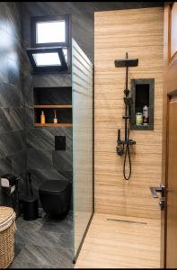 a bathroom with a shower with a toilet and a glass door at Appartement LA SCENE DU CENTRE ANNABA in Annaba +21 photos