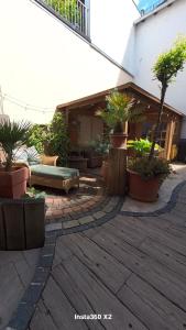 a patio with potted plants in front of a building at Pension Martin Zimmer & Apartment in Bad Camberg