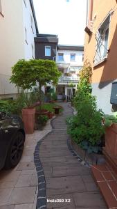 a walkway in a courtyard with trees and plants at Pension Martin Zimmer & Apartment in Bad Camberg