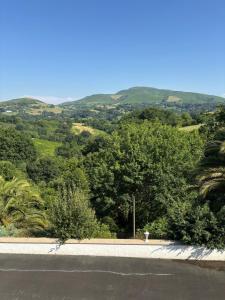 a road with trees and mountains in the background at L'Estel in Hasparren