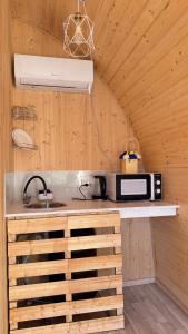 a kitchen with a sink and a microwave on a counter at Swallow in Karakol