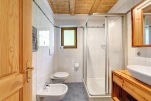 a bathroom with a shower and a toilet and a sink at Innerdurachhof in Santa Valpurga +45 photos