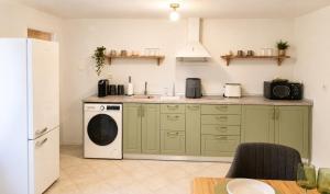 a kitchen with green cabinets and a washer and dryer at Daisy House Golden Beach Area in Potamiá