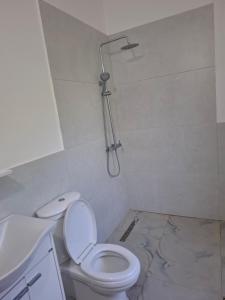a bathroom with a toilet and a shower at Igli Hotel in Lezhë +19 photos