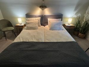ein Schlafzimmer mit einem Bett, zwei Lampen und zwei Stühlen in der Unterkunft Hotel De Villa in Zelzate