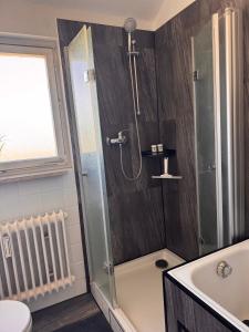 a bathroom with a shower and a toilet and a sink at Auszeit in Niedereschach +21 photos