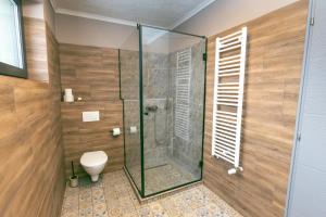a bathroom with a glass shower with a toilet at Gomén in Eger +19 photos