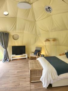 a bedroom with a tent with a bed and a flat screen tv at Pen-Y-Fan Glamping - Luxury Geodomes in Sennybridge
