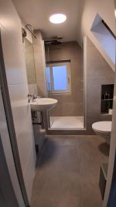 a bathroom with a sink and a shower at Haus Küstenglück in Neuharlingersiel +23 photos