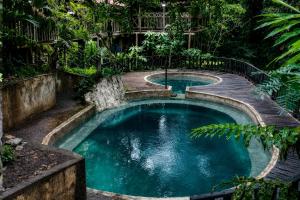a swimming pool in a garden with a wooden deck at Perlas del cabo nuqui choco in Nuquí