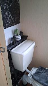 a white toilet in a bathroom with a black wall at ScotThistle in Kirkcowan +15 photos