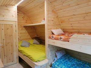 a bedroom with two bunk beds in a wooden cabin at La Cabane MIMOSA in Saint-Malo-du-Bois