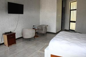 a bedroom with a bed and two chairs and a television at Royal Palace Hotel Harar in Hārer