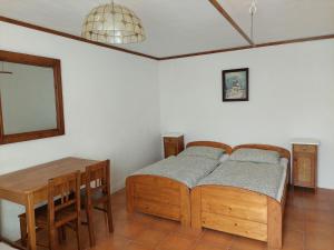 a bedroom with a bed and a table and a mirror at Chalupa na Žampachu in Žampach
