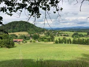 a field of green grass with a town in the distance at Chalupa na Žampachu in Žampach
