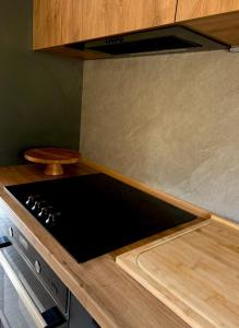 a kitchen with a stove and a counter top at Chatka Niedźwiadka-domek na odludziu in Uście Gorlickie