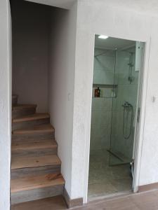 a bathroom with a staircase and a shower with a glass door at Idiličan brijeg in Višegrad +21 photos