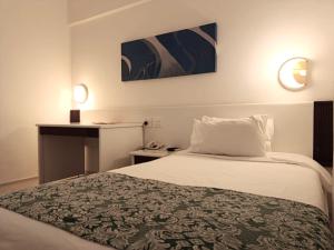 a hotel room with a bed and a desk at Boulevard Plaza in Belo Horizonte