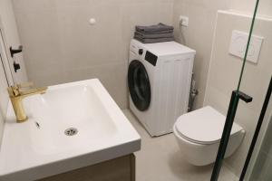 a bathroom with a washing machine next to a toilet at Between Pines&Sea Strunjan in Strunjan