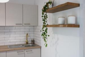 a kitchen with white cabinets and a sink at Between Pines&Sea Strunjan in Strunjan +14 photos