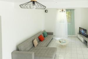 a living room with a couch and a tv at Bas de villa 3 chambres - Jardin privé - 20 minutes aéroport in Baie-Mahault