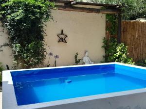 a blue swimming pool with a star on a wall at Monoambiente Golondrina in Capilla del Monte