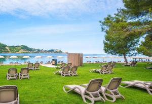 a group of chaise lounges on the grass near the beach at Between Pines&Sea Strunjan in Strunjan
