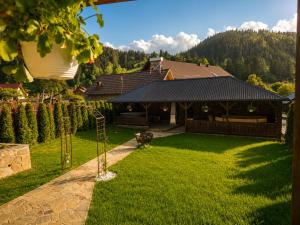 a house with a dog standing in the yard at Casa TOP Cristina in Poiana Teiului