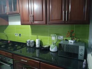 a kitchen counter with a blender and a microwave at Selma Space in São Filipe