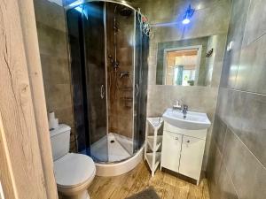 a bathroom with a shower and a toilet and a sink at Domek Dobrawa- 400m do morza in Międzyzdroje +19 photos