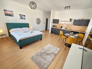 a large room with a bed and a kitchen at Apartmán KVETINKA v centre Žiliny s KAVIARŇOU in Žilina