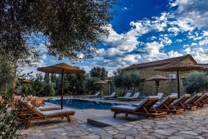 a group of chairs and umbrellas next to a pool at Penelopes Rhapsody Resort in Missolonghi