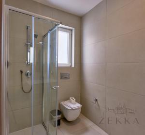 a bathroom with a toilet and a glass shower at Large 3BR Flat with Exceptional Marina Views in Tal-Pietà