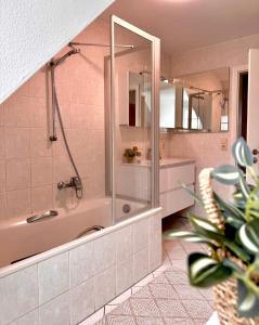 a bathroom with a shower and a bath tub at Panorama Domblick in St. Blasien +9 photos