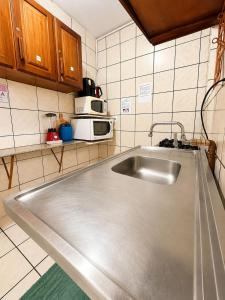 a kitchen with a stainless steel sink and a microwave at Pensão Meg in São José