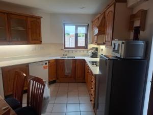 a kitchen with wooden cabinets and a black refrigerator at Sea Loft in Shankill