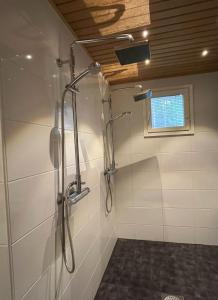 a shower stall in a bathroom with a window at Kurjenpesä in Kalajoki
