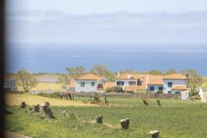 a group of houses in a field next to the ocean at Luz's Retreat Apartment in Ponta Delgada