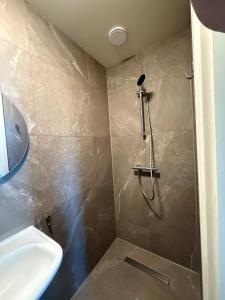 a bathroom with a shower and a sink at Logement Langestreek in Lemmer