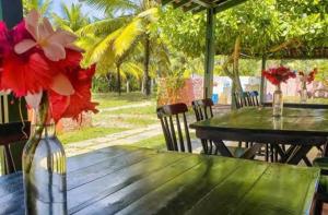 a vase of flowers sitting on a wooden table at Suites Mar a Vista in Porto De Galinhas +16 photos