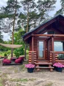 a log cabin with a hammock and a umbrella at Spokiy in Glebovka