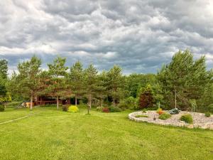 a yard with green grass and trees and a house at Junkuri Holiday House 9 Beds up to 20 Guests in Jeroškina