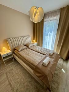 a bedroom with a large bed with a large window at Ditta Home in Nyíregyháza