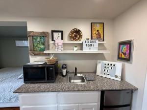 a kitchen counter with a sink and a microwave at PPI Native American Theme suite in Medicine Park