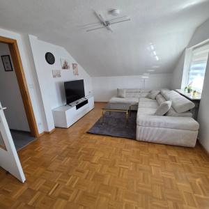 a living room with a white couch and a television at Im Buchenweg in Großheubach