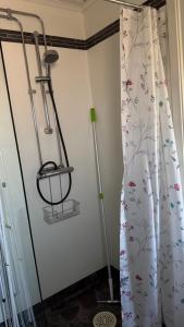 a room with a shower curtain and two mop at Mysigt torp på bondgård in Lämmedal +20 photos