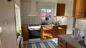 a kitchen with a sink and a stove top oven at Mysigt torp på bondgård in Lämmedal